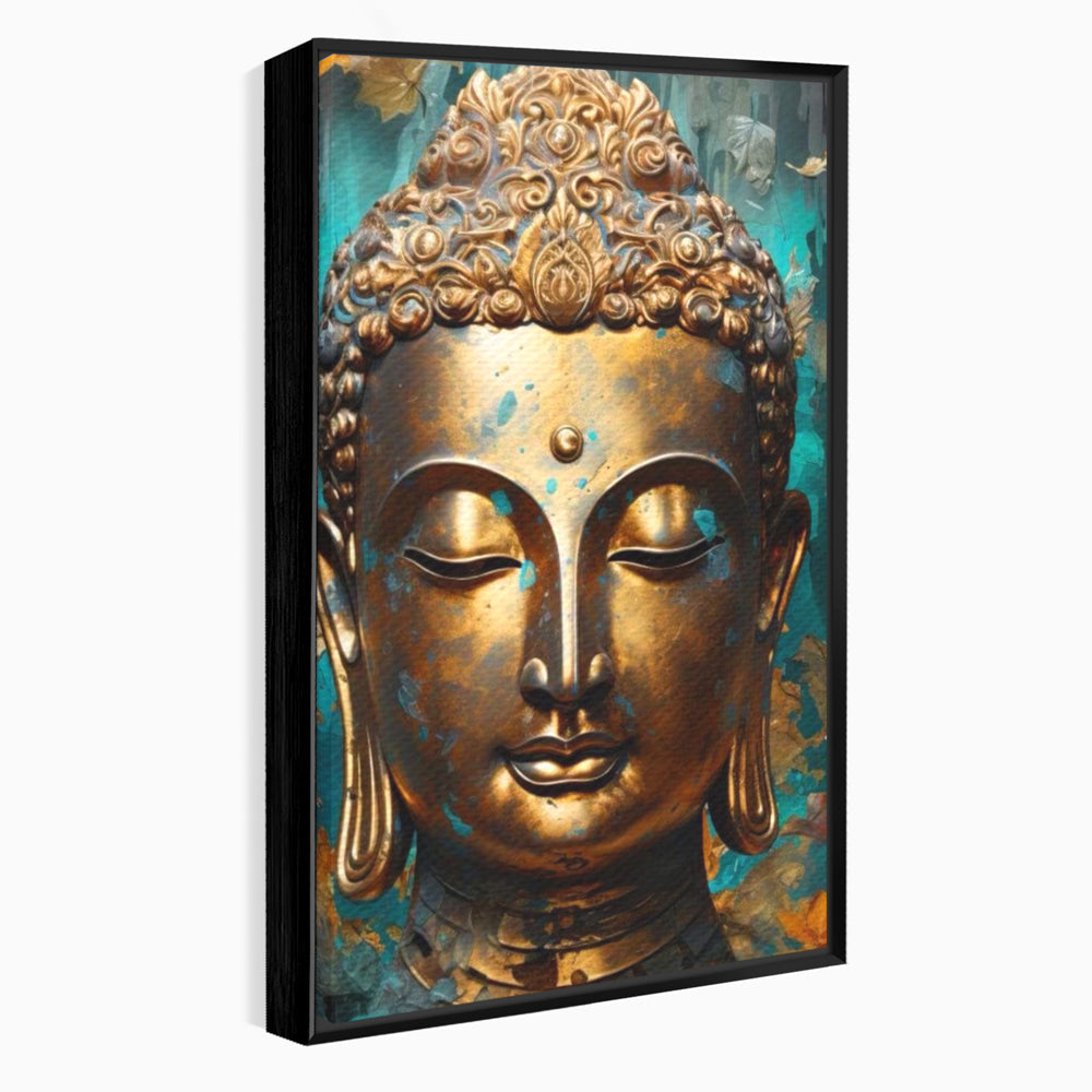 Tablou canvas cu tablou canvas cu capul lui buddha aurit, in rama de aluminiu negru